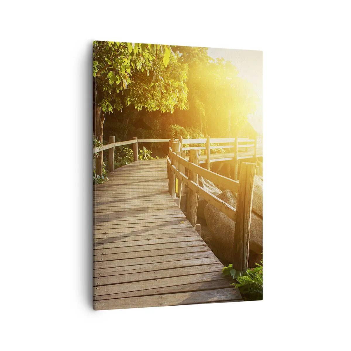 Impression sur toile - Image sur toile - Un pont en bois au milieu de la verdure menant à la mer sous les rayons du soleil - 50x70cm - Un autre tour, un autre miracle - Décoration murale moderne pour le salon et la chambre ARTTOR
