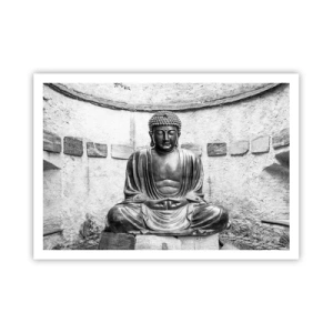 Affiche - Poster - Statue de Bouddha noir et blanc dans une pose méditative - 100x70cm - A la source de la paix - Décoration murale moderne pour le salon et la chambre ARTTOR