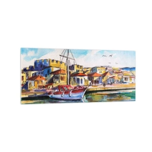 Impression sur verre - Image sur verre - Un port pittoresque avec un bateau et des bâtiments colorés - 120x50cm - Après-midi arc-en-ciel - Décoration murale moderne pour le salon et la chambre ARTTOR