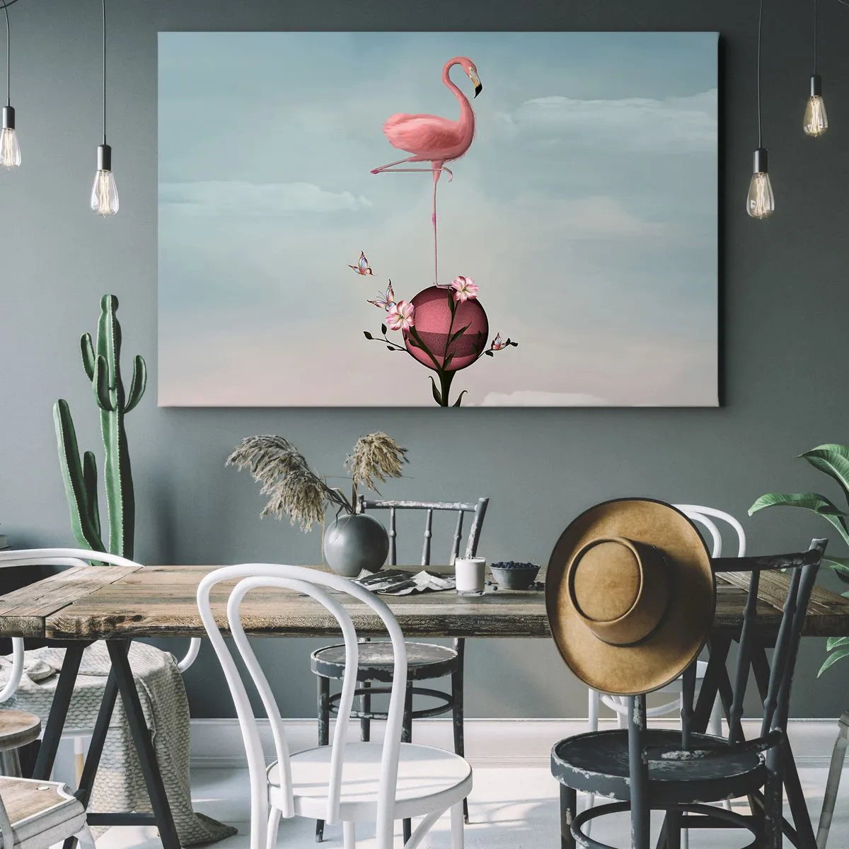 Impression sur toile - Image sur toile - Un flamant rose en équilibre sur une boule de fleurs - 100x70cm - Allégorie du basket-ball - Décoration murale moderne pour le salon et la chambre ARTTOR