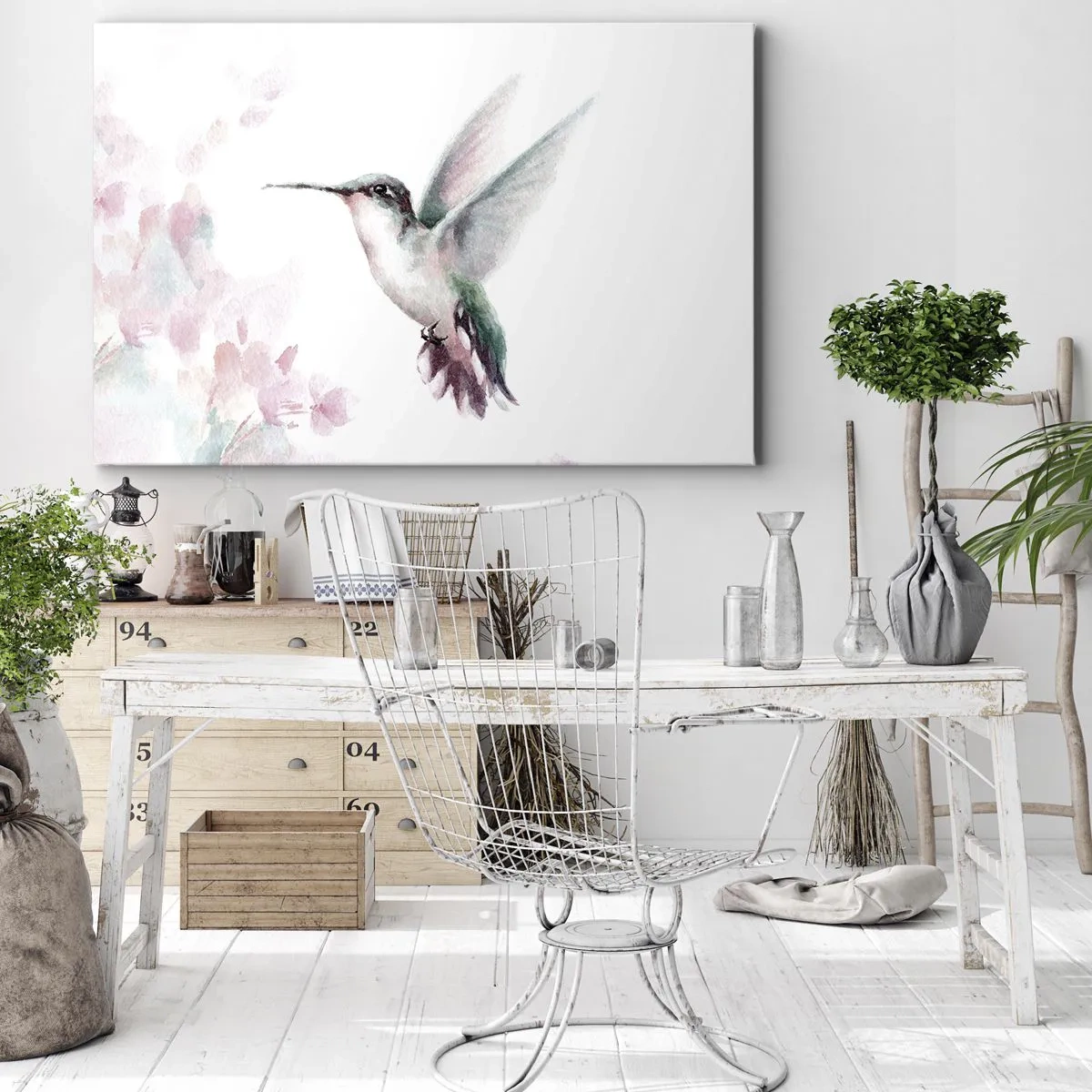 Impression sur toile - Image sur toile - Un colibri aux couleurs pastel délicates sur un fond de fleurs - 120x80cm - Immortalisé dans un battement - Décoration murale moderne pour le salon et la chambre ARTTOR
