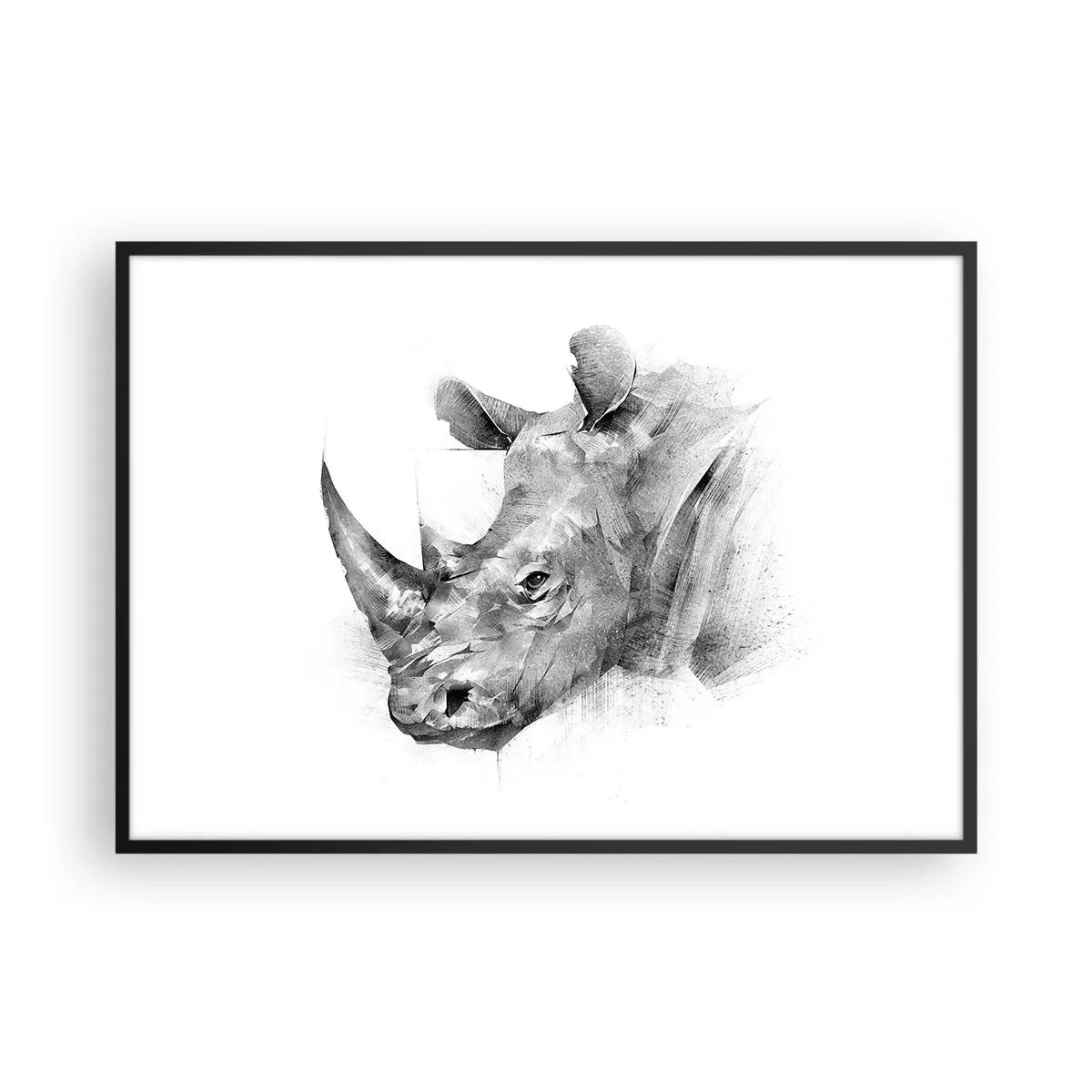 Affiche dans un cadre noir - Poster - Portrait artistique d'un rhinocéros en noir et blanc - 100x70cm - Potrait africain - Décoration murale moderne pour le salon et la chambre ARTTOR