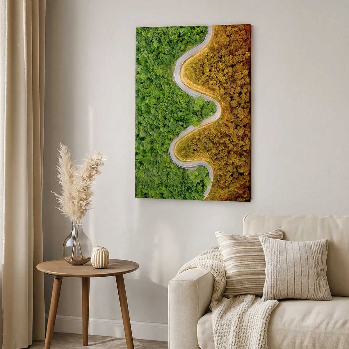 Impression sur toile - Image sur toile - Une route sinueuse à travers la forêt vue à vol d'oiseau - 50x70cm - Frontieres et differences - Décoration murale moderne pour le salon et la chambre ARTTOR