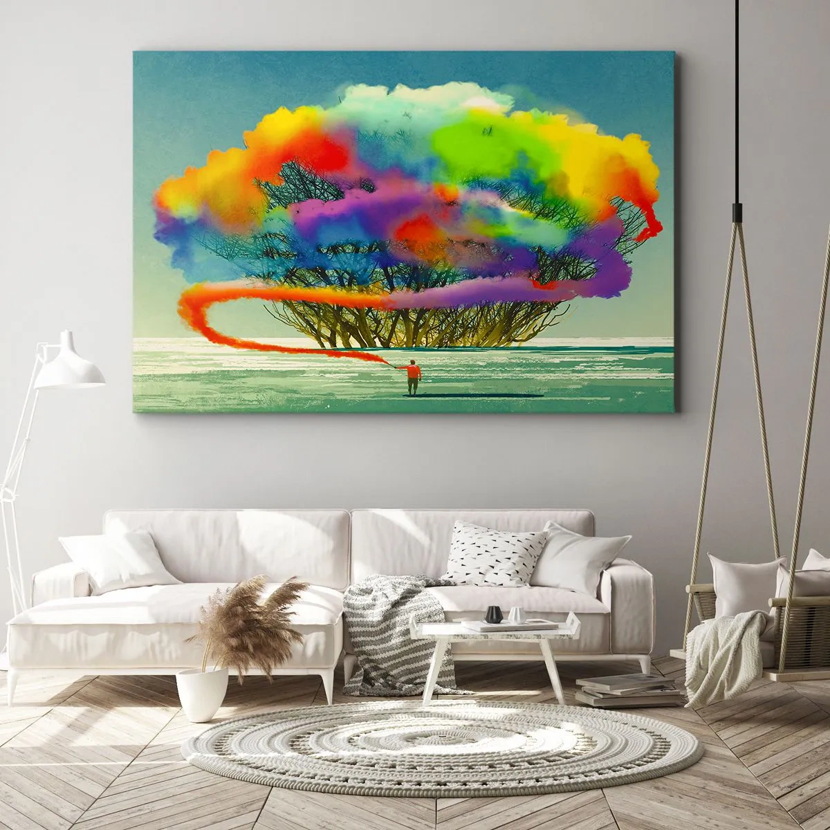 Impression sur toile - Image sur toile - Une silhouette avec de la fumée colorée à l'arrière-plan d'un arbre dans la nature - 120x80cm - Donner vie à ce monde - Décoration murale moderne pour le salon et la chambre ARTTOR