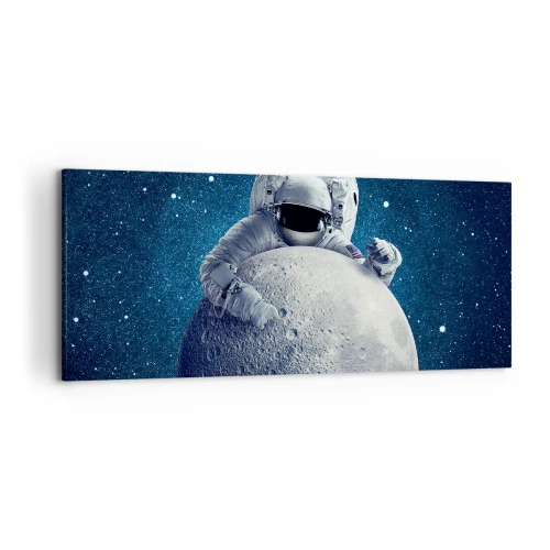 Impression sur toile - Image sur toile - Astronaute tenant la lune dans un ciel étoilé - 120x50cm - Comique de l'espace - Décoration murale moderne pour le salon et la chambre ARTTOR