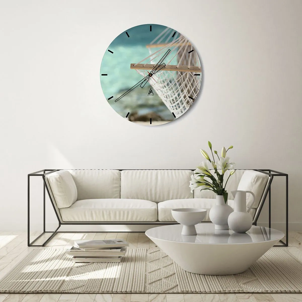 Horloge murale - Pendule murale - Hamac sur l'eau turquoise - 30x30cm - Le temps de la détente - Décoration murale moderne pour le salon, la cuisine et la chambre ARTTOR