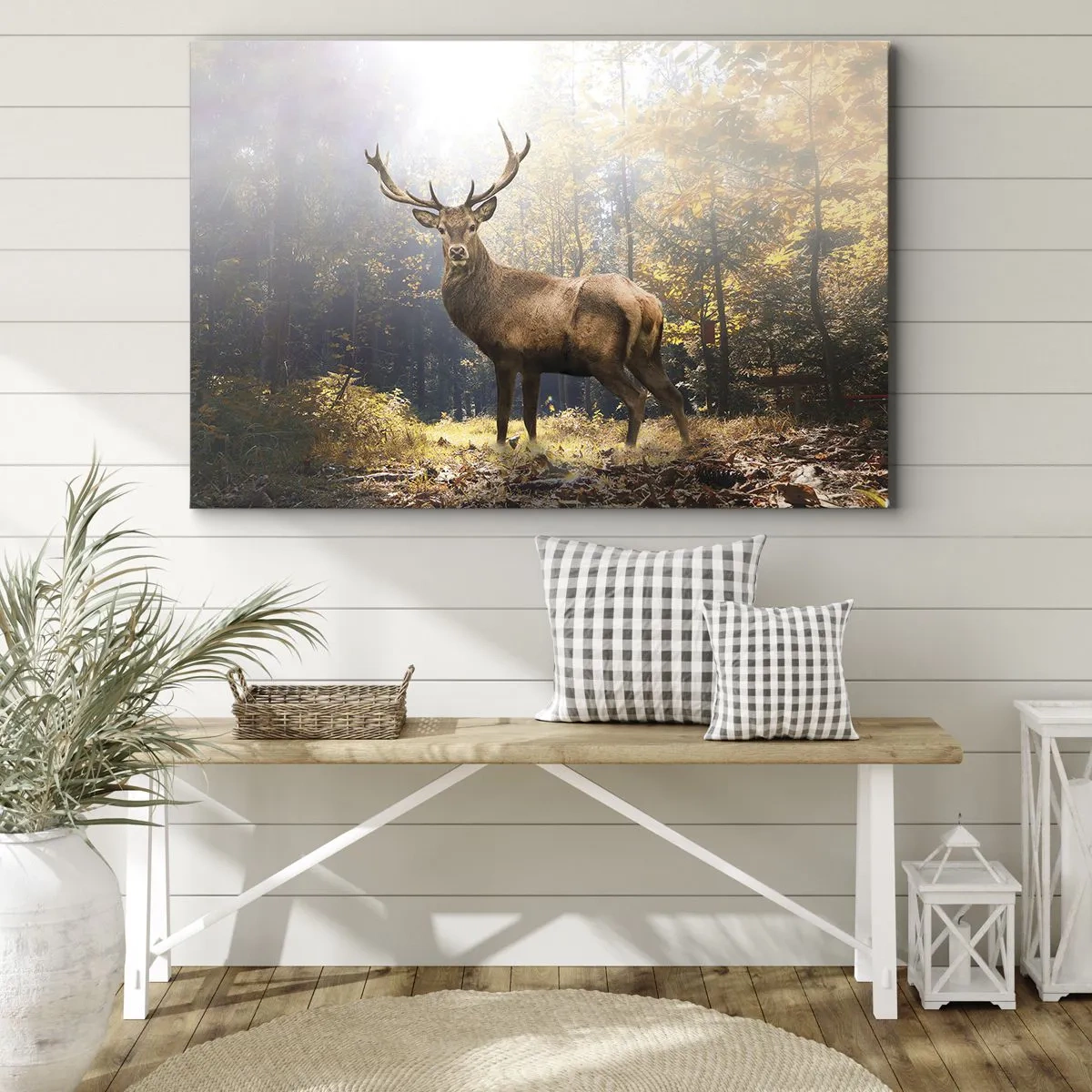 Impression sur toile - Image sur toile - Cerf dans la forêt d'automne avec les rayons du soleil - 100x70cm - Toute sa majesté - Décoration murale moderne pour le salon et la chambre ARTTOR