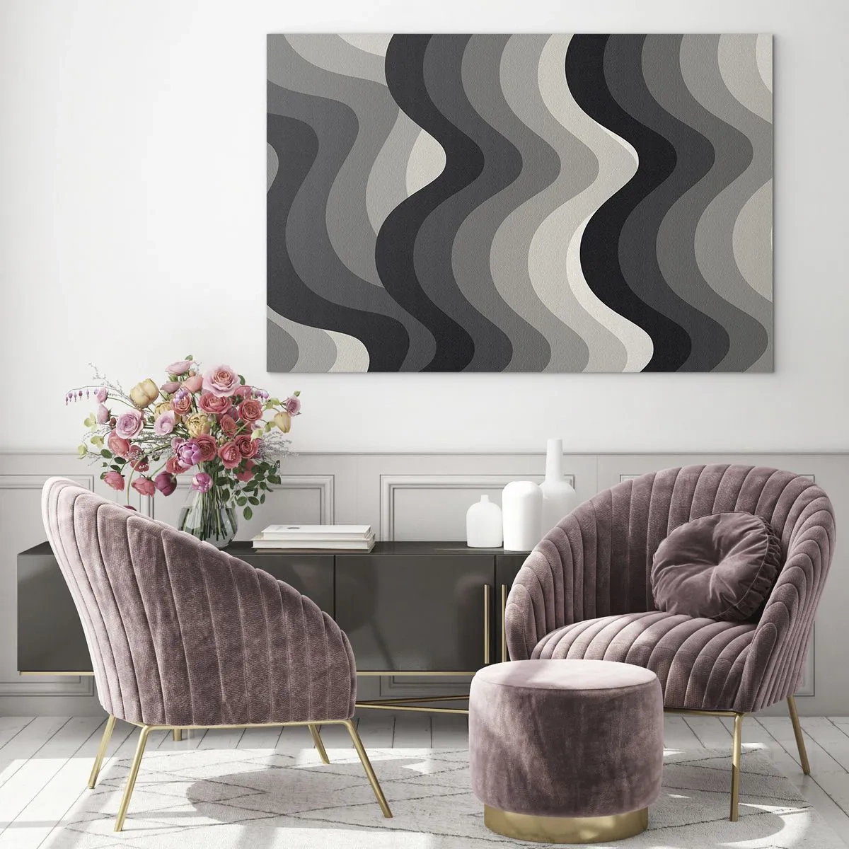 Impression sur verre - Image sur verre - Les vagues dans les tons de gris créent un motif rythmique et géométrique - 100x70cm - Vague après vague - Décoration murale moderne pour le salon et la chambre ARTTOR