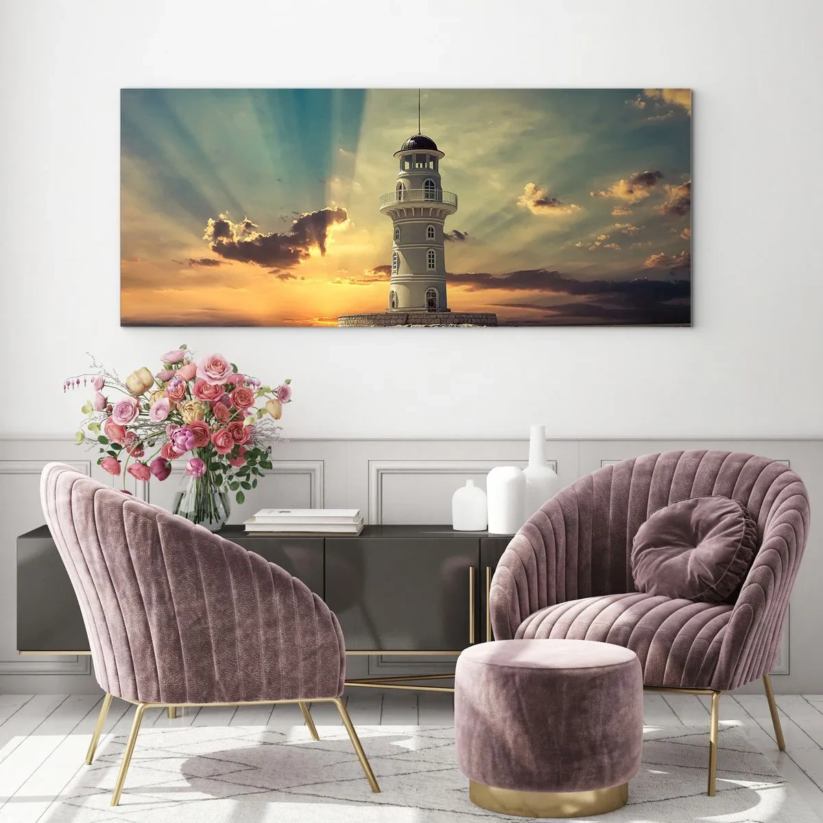 Impression sur verre - Image sur verre - Un phare au coucher du soleil contre le ciel - 140x50cm - Lumière - Bonté - Beauté - Décoration murale moderne pour le salon et la chambre ARTTOR