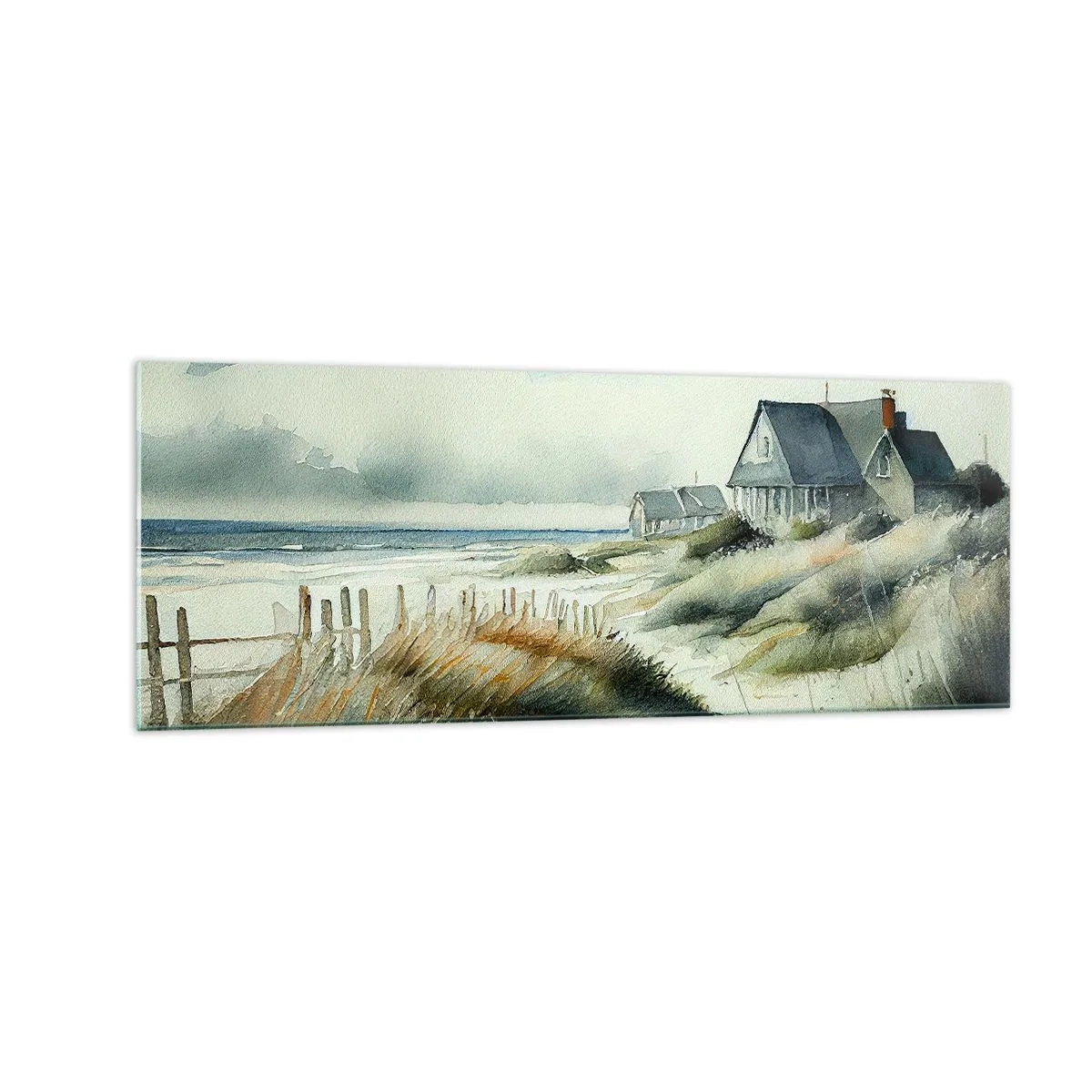 Impression sur verre - Image sur verre - Une maison de bord de mer entourée d'herbe et surplombant la mer - 140x50cm - Loin de l'agitation - Décoration murale moderne pour le salon et la chambre ARTTOR