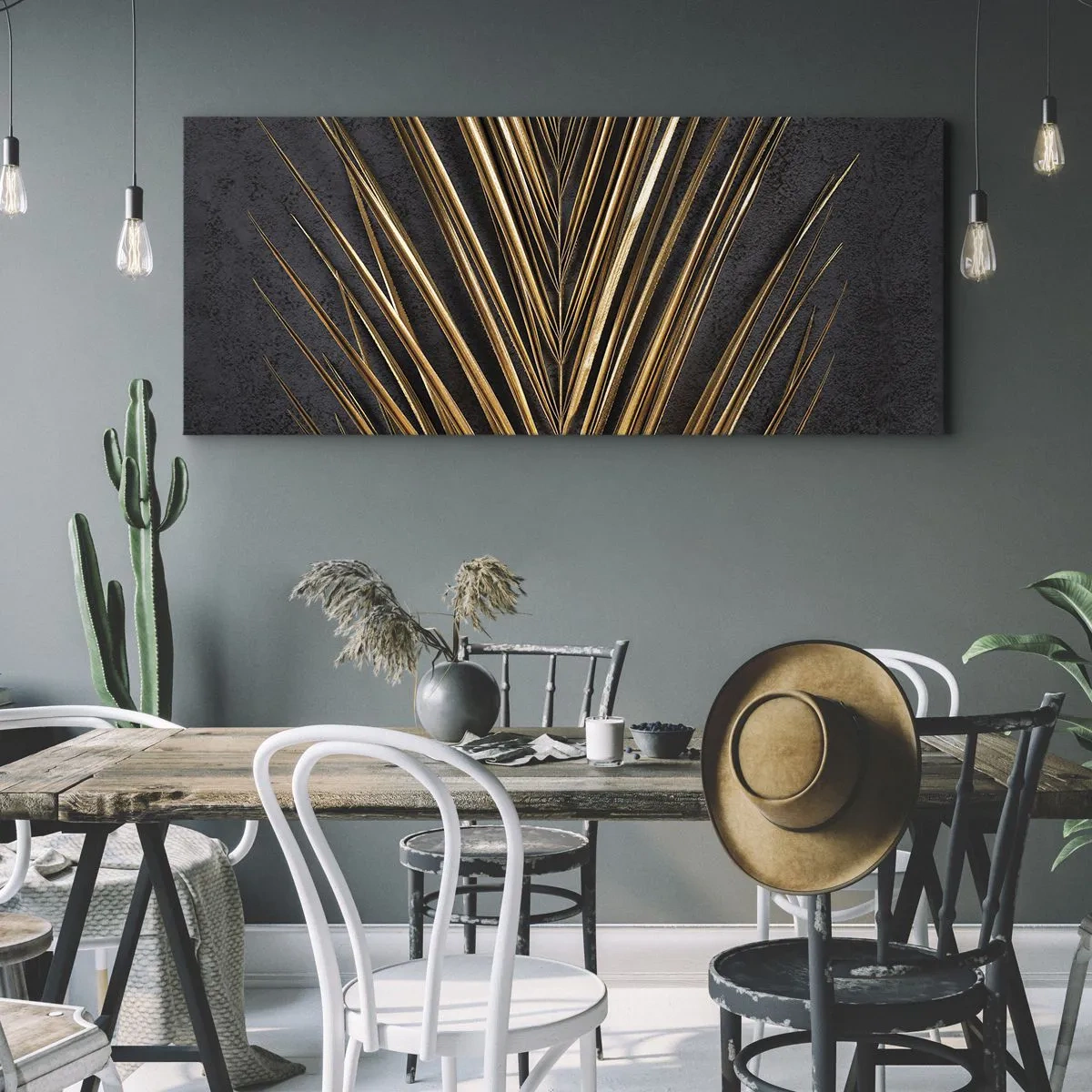 Impression sur toile - Image sur toile - Feuille tropicale dorée sur fond noir - 160x50cm - L'or des tropiques - Décoration murale moderne pour le salon et la chambre ARTTOR