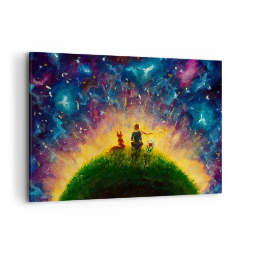 Impression sur toile - Image sur toile - Personnages sur une colline verdoyante entourée d'un ciel étoilé - 100x70cm - Amour et amitié - le monde entier - Décoration murale moderne pour le salon et la chambre ARTTOR