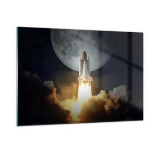Impression sur verre - Image sur verre - Lancement d'une fusée spatiale avec en arrière-plan la lune et le ciel nocturne. - 120x80cm - Le début d'une aventure surnaturelle - Décoration murale moderne pour le salon et la chambre ARTTOR
