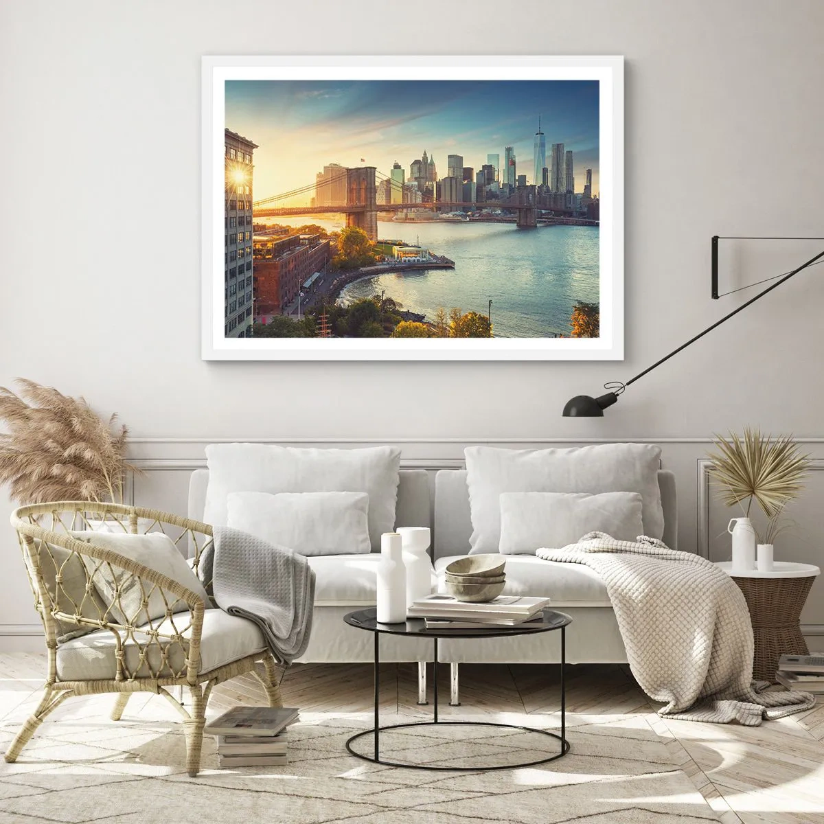 Affiche dans un cadre blanc - Poster - L'aube de la grande ville - 100x70 cm