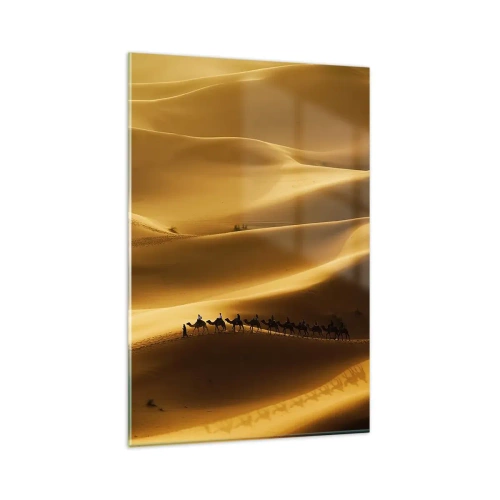 Impression sur verre - Image sur verre - Une caravane de chameaux errant à travers les dunes dorées du désert. - 80x120cm - Caravane sur les vagues du désert - Décoration murale moderne pour le salon et la chambre ARTTOR