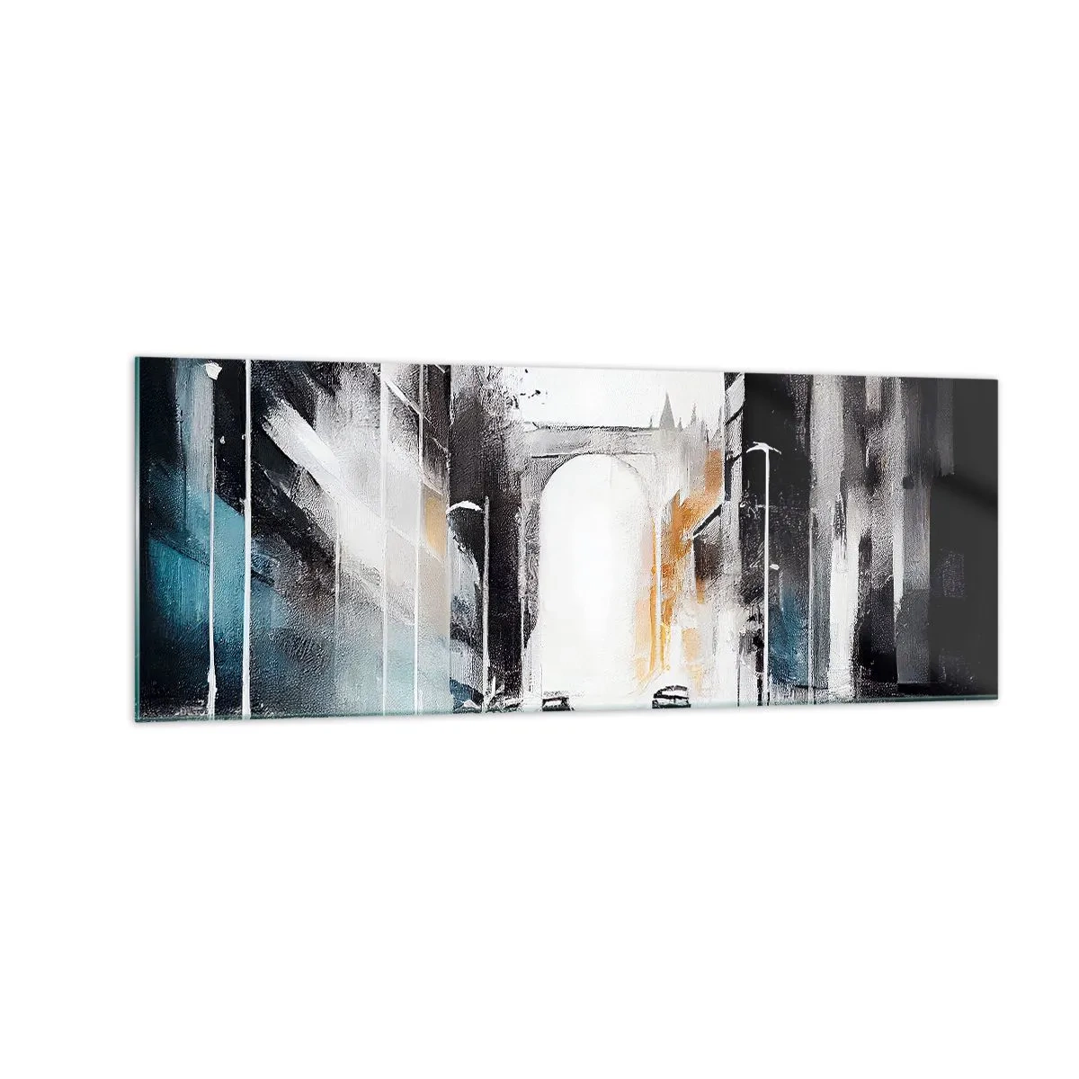 Impression sur verre - Image sur verre - Panorama abstrait de la ville avec un pont en arc - 140x50cm - Étude de ville : architecture et mouvement - Décoration murale moderne pour le salon et la chambre ARTTOR