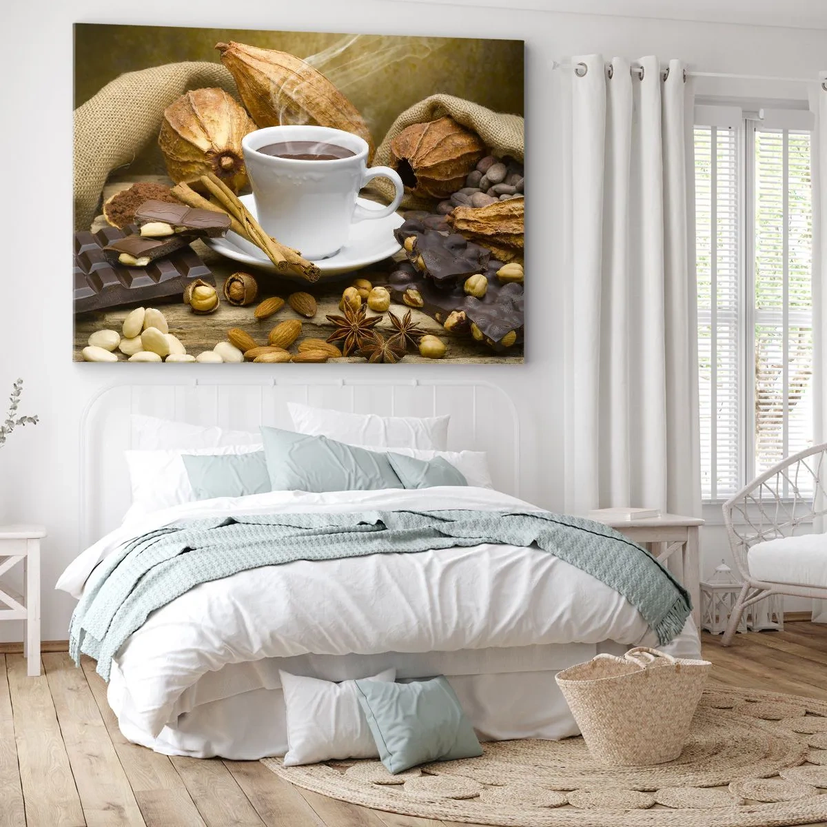 Impression sur toile - Image sur toile - Une tasse de chocolat chaud entourée de cacao et de cannelle - 70x50cm - Pour les amateurs de sensations fortes - Décoration murale moderne pour le salon et la chambre ARTTOR
