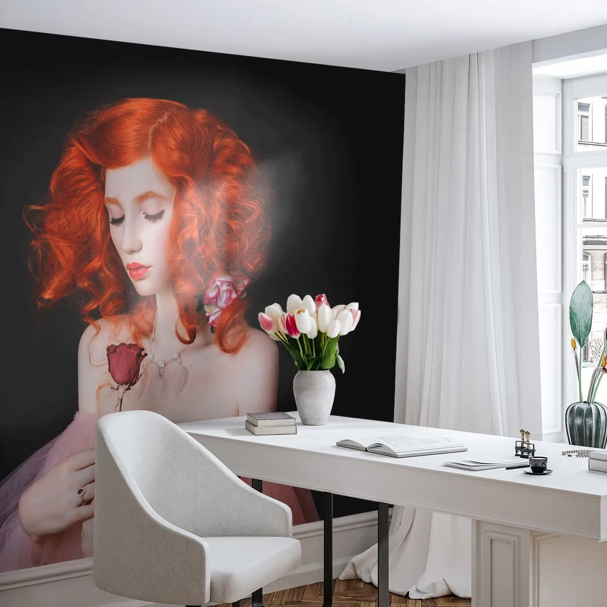 Papier Peint Autocollant Deluxe Sticker - De style baroque - Femme, Modèle, Rose - 250x175 cm