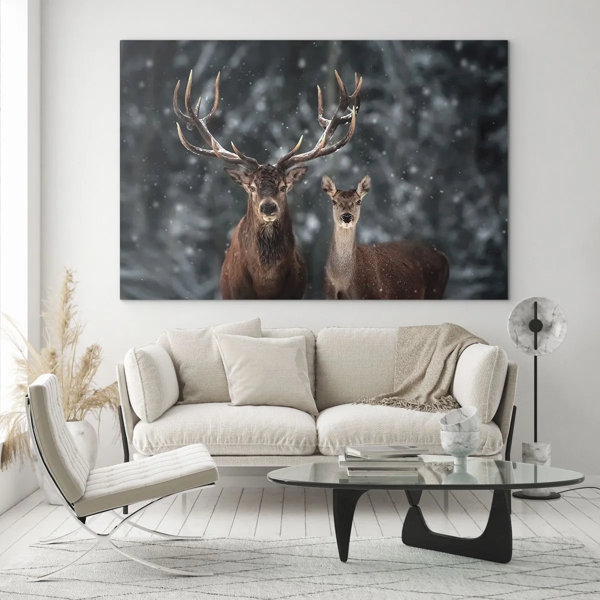 Impression sur verre - Image sur verre - Un cerf et une biche dans une forêt hivernale couverte de neige - 70x50cm - Le roi de la forêt avec sa femme - Décoration murale moderne pour le salon et la chambre ARTTOR