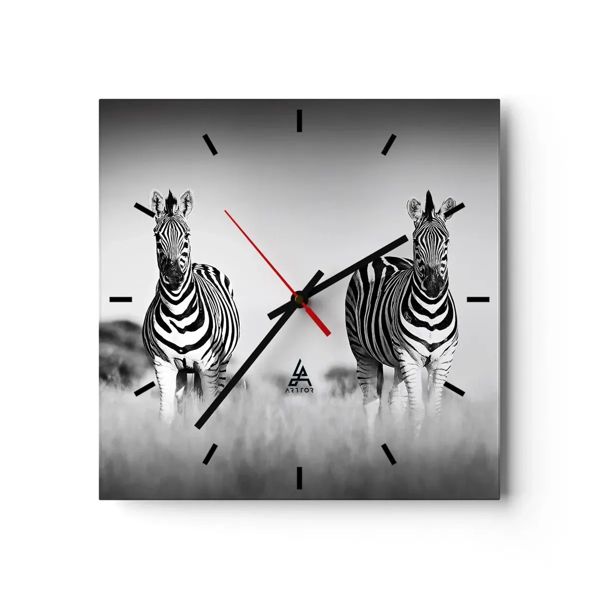 Horloge murale - Pendule murale - Deux zèbres dans la savane dans un style monochrome - 30x30cm - Le monde est bel et bien noir et blanc - Décoration murale moderne pour le salon et la chambre ARTTOR