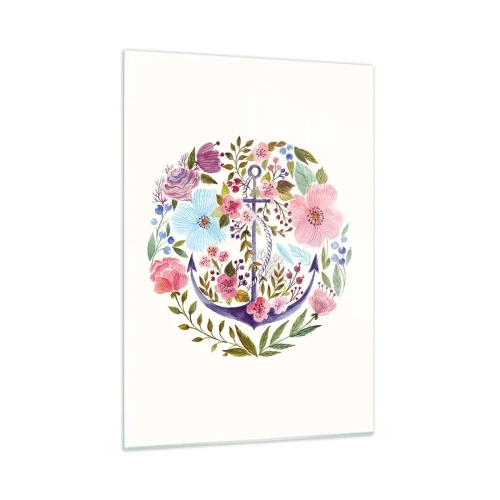 Impression sur verre - Image sur verre - Une ancre entourée de fleurs aquarelles colorées - 50x70cm - Le beau rêve du marin - Décoration murale moderne pour le salon et la chambre ARTTOR
