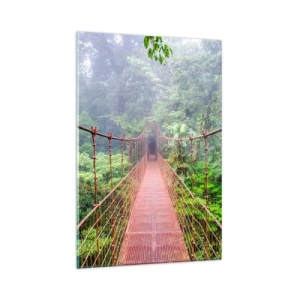 Impression sur verre - Image sur verre - Un pont suspendu dans une jungle tropicale entourée de brouillard - 80x120cm - Suspendu sur les couronnes - Décoration murale moderne pour le salon et la chambre ARTTOR