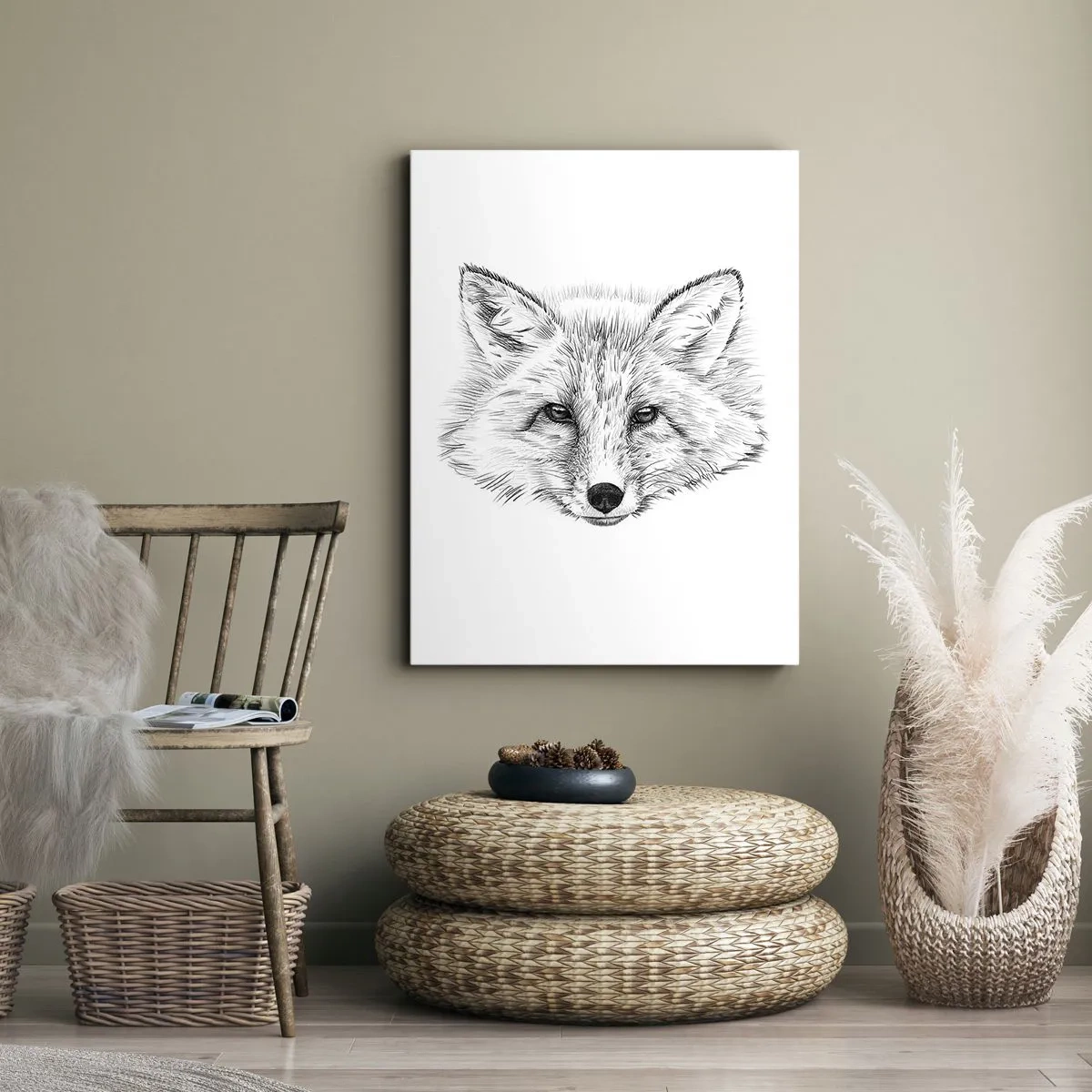 Impression sur toile - Image sur toile - Dessin en noir et blanc d'une tête de renard sur fond blanc - 50x70cm - Ces yeux peuvent-ils mentir ? - Décoration murale moderne pour le salon et la chambre ARTTOR