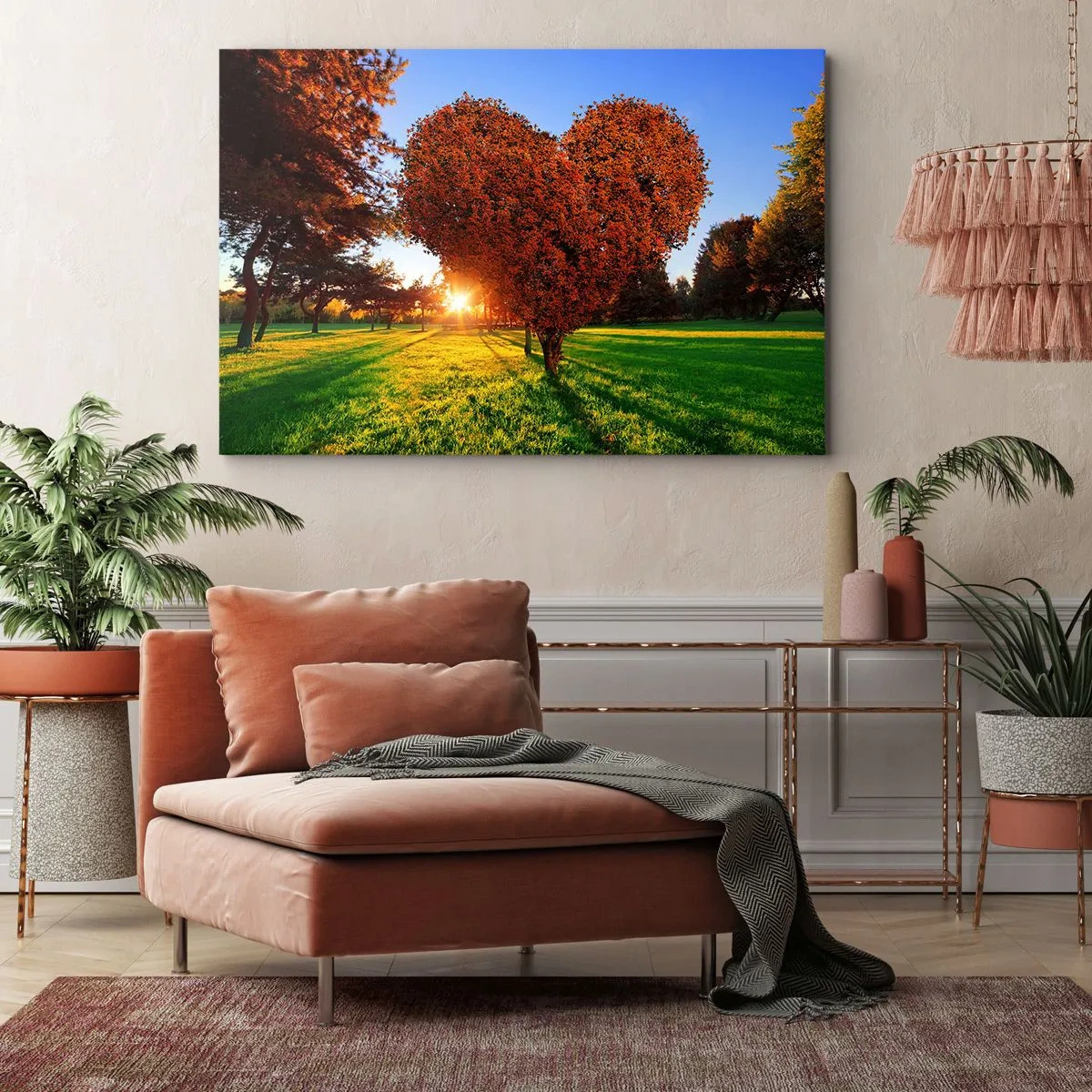 Impression sur toile - Image sur toile - Un arbre en forme de cœur dans un paysage d'automne - 100x70cm - Et comment ne pas aimer tomber - Décoration murale moderne pour le salon et la chambre ARTTOR