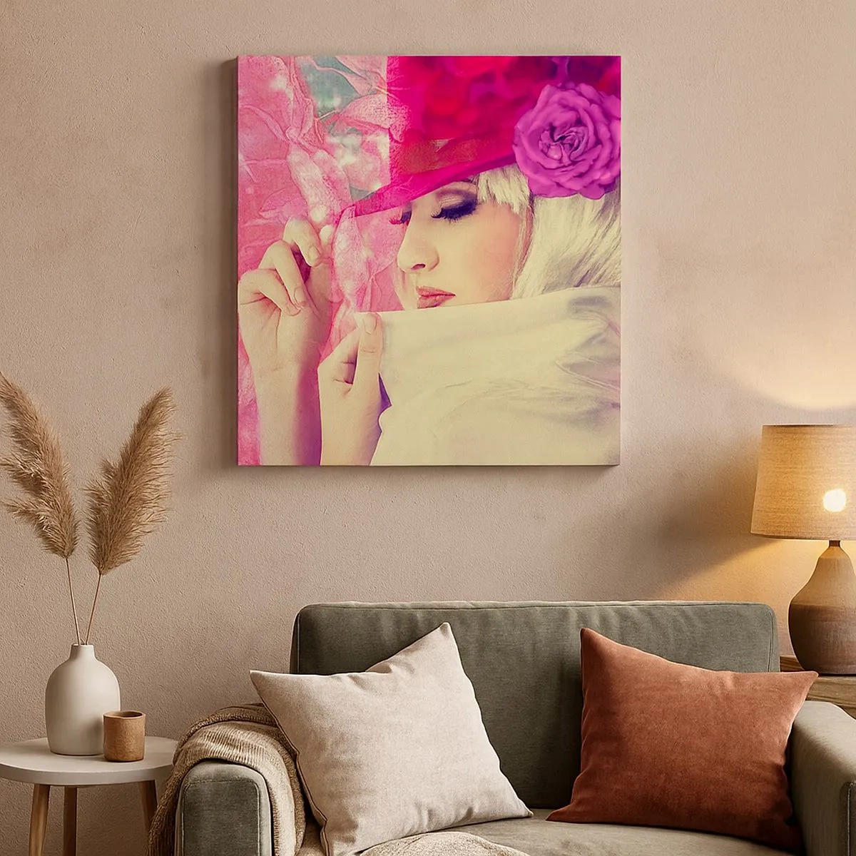 Impression sur toile - Image sur toile - Portrait rétro dans une brume rose - 30x30 cm