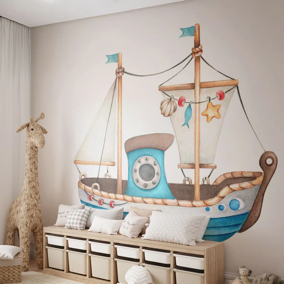 Papier Peint Photo Premium Sand - Voilier illustré dans un style enfantin sur fond blanc - 100x70cm - Ohé, l'aventure ! - Décoration murale moderne pour le salon et la chambre ARTTOR