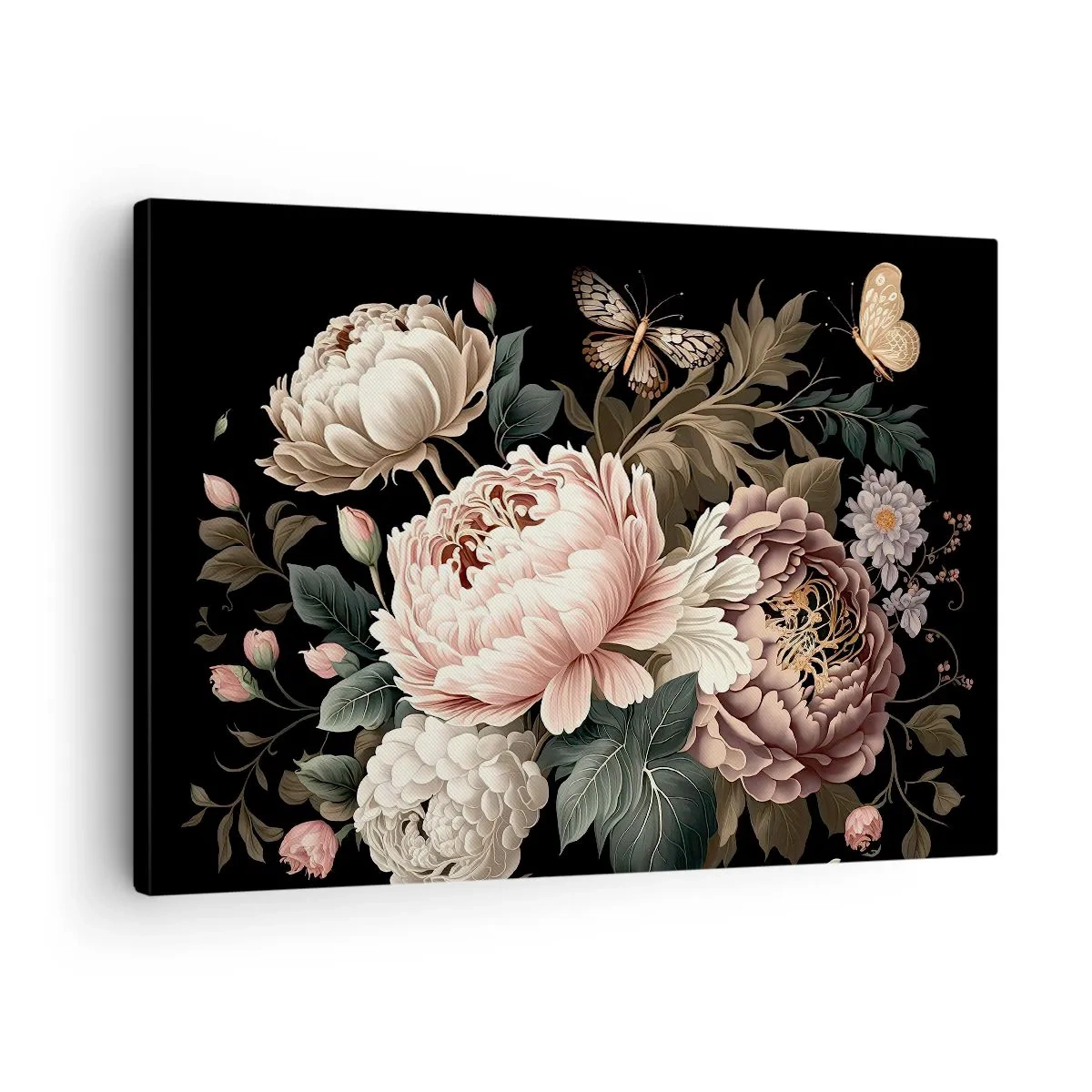 Impression sur toile - Image sur toile - Un bouquet de fleurs roses et de papillons sur fond noir - 70x50cm - De style baroque - Décoration murale moderne pour le salon et la chambre ARTTOR