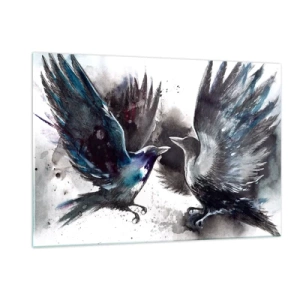 Impression sur verre - Image sur verre - Deux corbeaux dans une pose dynamique avec les ailes déployées - 120x80cm - Le corbeau des corbeaux - Décoration murale moderne pour le salon et la chambre ARTTOR