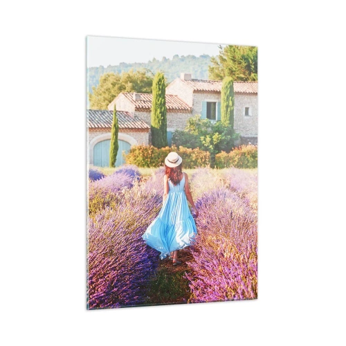 Impression sur verre - Image sur verre - Une femme en robe marchant dans un champ de lavande - 50x70cm - Fille de la lavande - Décoration murale moderne pour le salon et la chambre ARTTOR