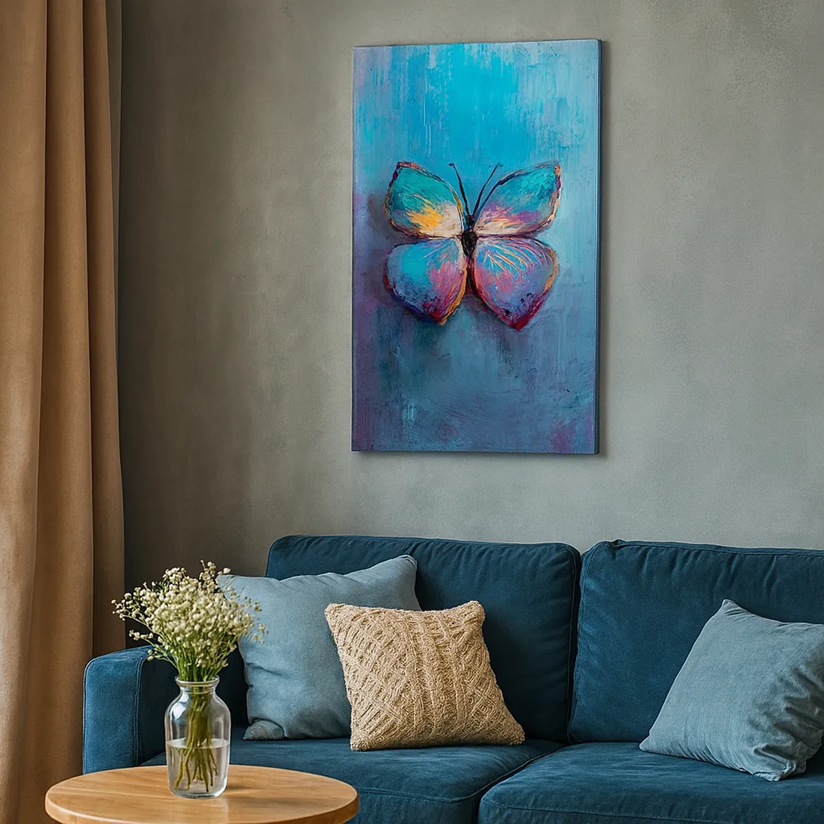 Impression sur toile - Image sur toile - Papillon coloré sur fond bleu - 50x70cm - Dans toute sa splendeur - Décoration murale moderne pour le salon et la chambre ARTTOR