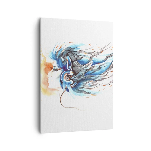 Impression sur toile - Image sur toile - Graphique artistique d'une femme portant des écouteurs avec des accents musicaux - 50x70cm - Que la musique joue - Décoration murale moderne pour le salon et la chambre ARTTOR