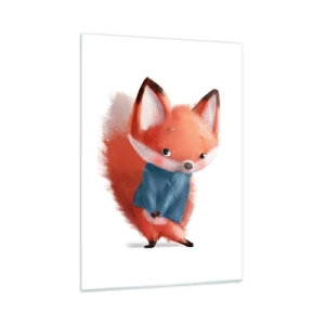 Impression sur verre - Image sur verre - Un renard mignon dans un pull bleu sur fond blanc - 50x70cm - Est-ce que ça me va? - Décoration murale moderne pour le salon et la chambre ARTTOR