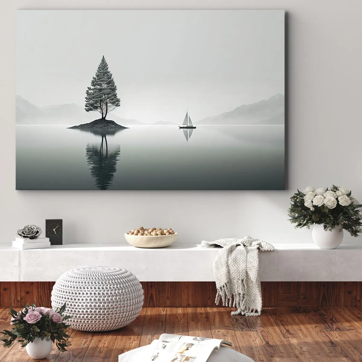 Impression sur toile - Image sur toile - Un paysage minimaliste avec un arbre sur une île et un voilier. - 120x80cm - Un rêve somnolent - Décoration murale moderne pour le salon et la chambre ARTTOR