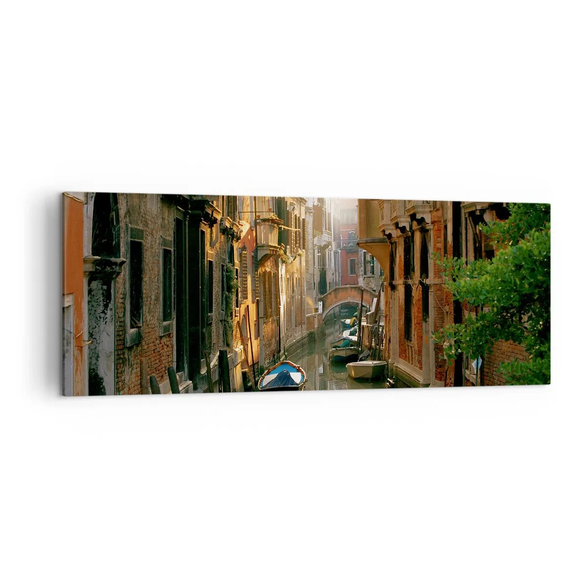 Impression sur toile - Image sur toile - Un canal pittoresque à Venise avec des bateaux et un pont - 140x50cm - Dans une ruelle vénitienne - Décoration murale moderne pour le salon et la chambre ARTTOR