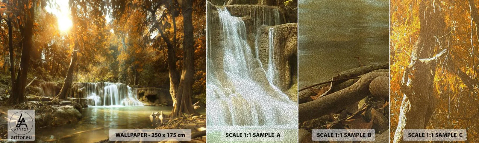 Échantillon de Papier Peint Premium Sand - Cascade du parc - Paysage, Cascade, Forêt - 100x30 cm