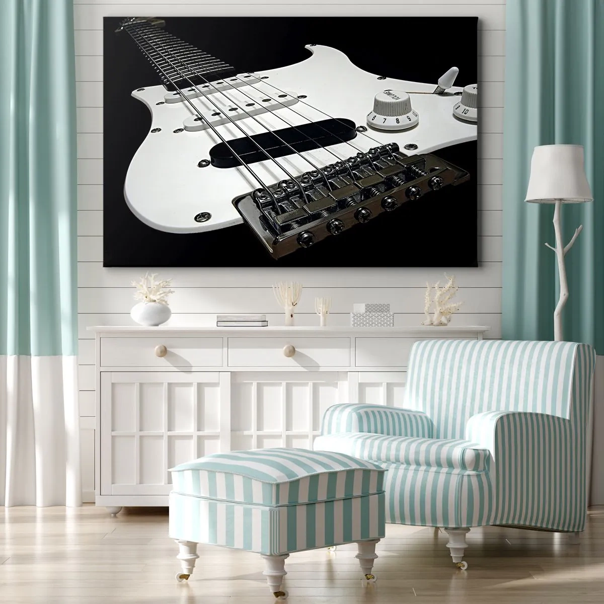 Impression sur toile - Image sur toile - Gros plan d'une guitare électrique blanche sur fond noir. - 120x80cm - Son caché en blanc - Décoration murale moderne pour le salon et la chambre ARTTOR