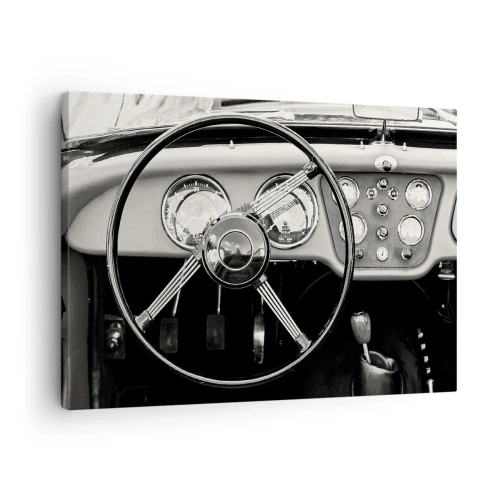 Impression sur toile - Image sur toile - Intérieur de voiture classique noir et blanc - 70x50cm - Rêve de collectionneur - Décoration murale moderne pour le salon et la chambre ARTTOR