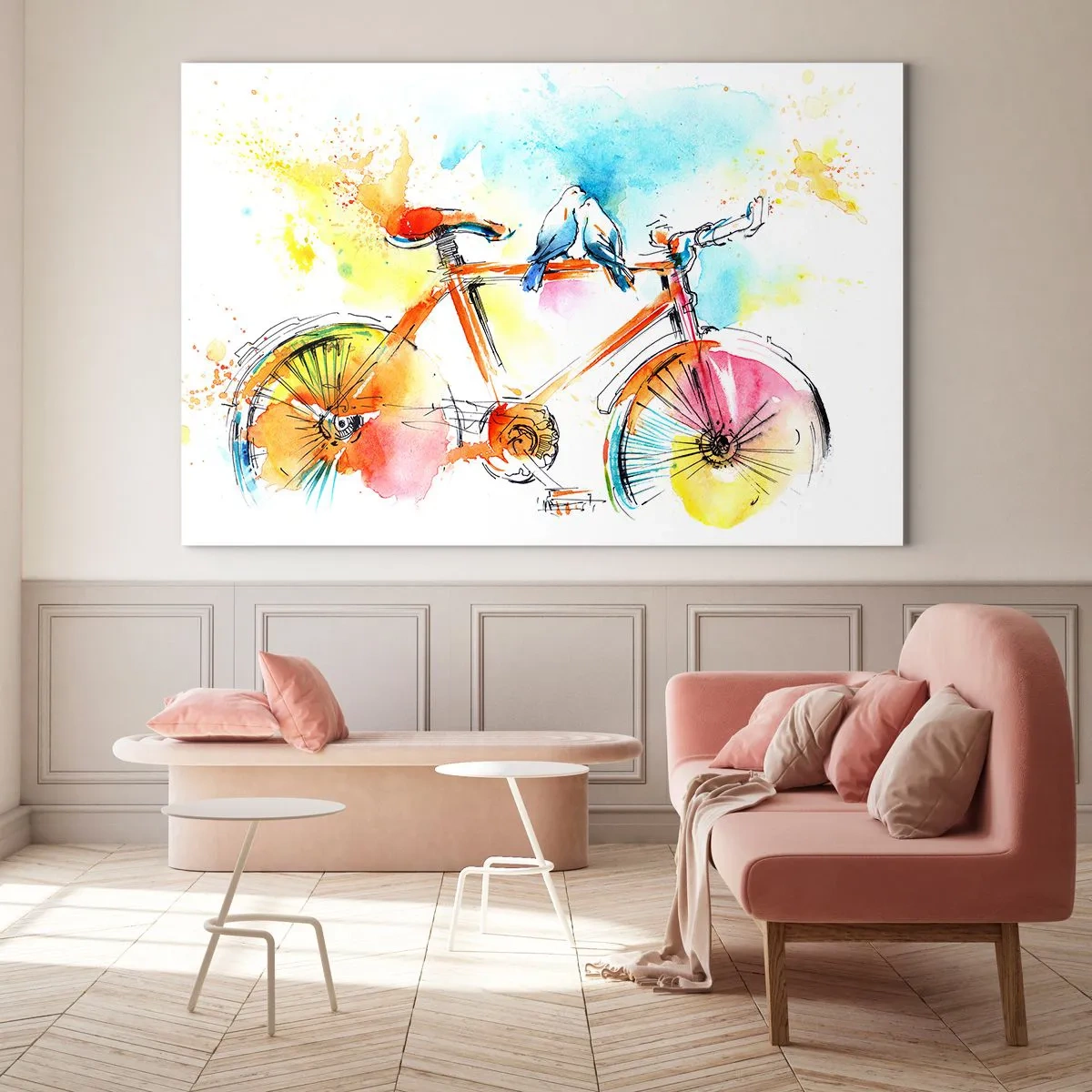 Impression sur verre - Image sur verre - Un vélo coloré avec des oiseaux assis sur le guidon - 100x70cm - À deux en vélo - Décoration murale moderne pour le salon et la chambre ARTTOR