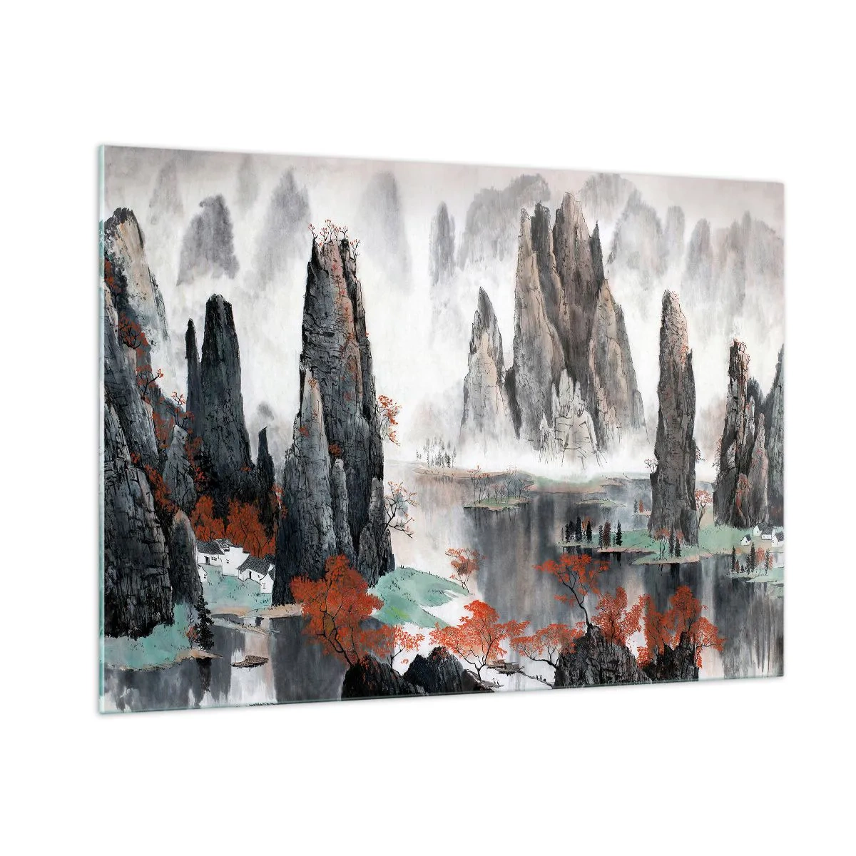 Impression sur verre - Image sur verre - Un paysage de montagne pittoresque avec des sommets brumeux et des arbres rouges - 100x70cm - De puissants gardiens - Décoration murale moderne pour le salon et la chambre ARTTOR