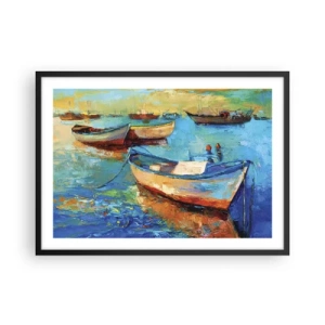 Affiche dans un cadre noir - Poster - Bateaux colorés amarrés sur une eau calme - 70x50cm - Dans la baie du sud - Décoration murale moderne pour le salon et la chambre ARTTOR