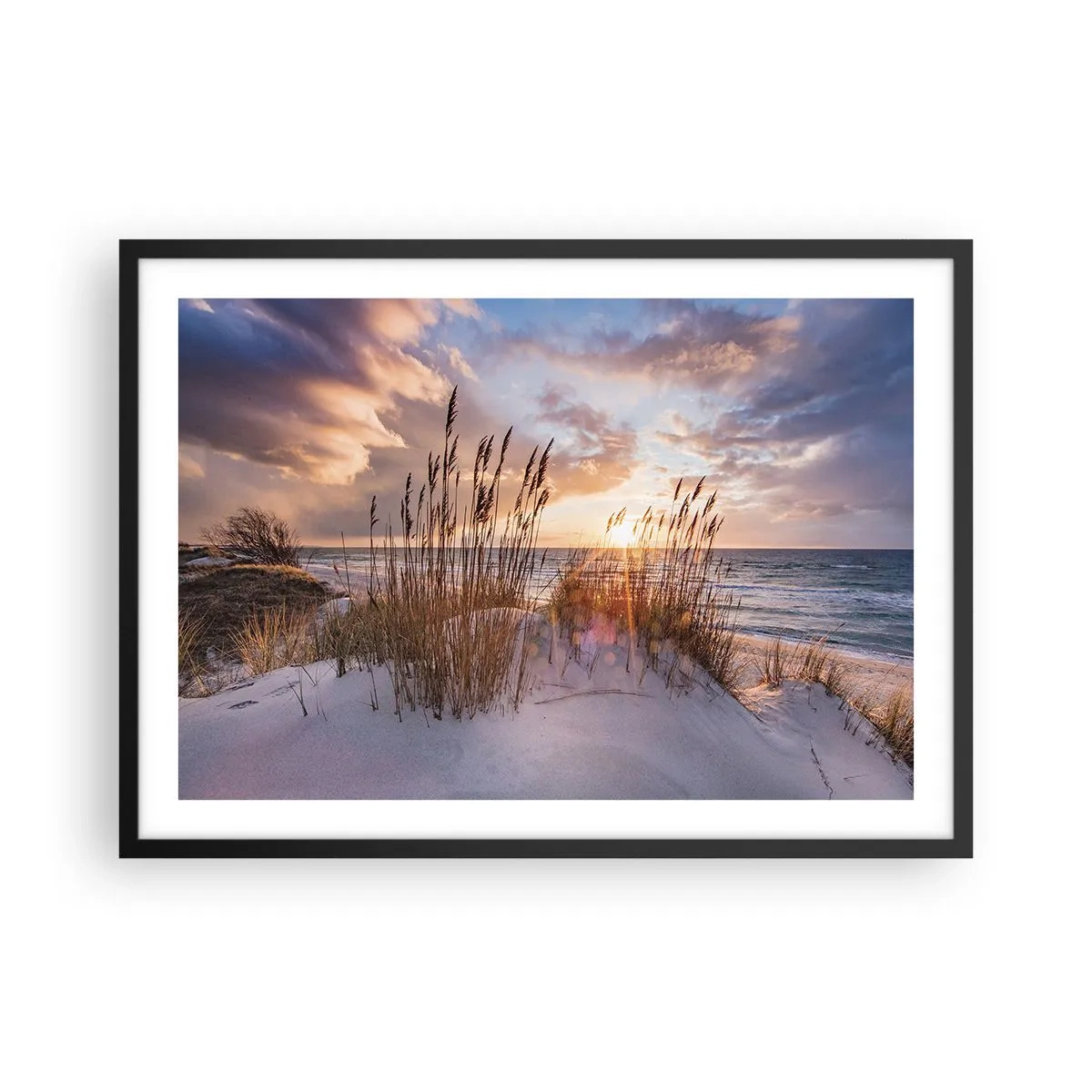 Affiche dans un cadre noir - Poster - Dunes avec des herbes sur fond de soleil couchant - 70x50cm - Salutations du soleil et du vent - Décoration murale moderne pour le salon et la chambre ARTTOR