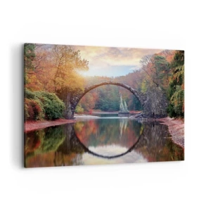 Impression sur toile - Image sur toile - Un pont de pierre dans un paysage d'automne sur une eau calme - 100x70cm - De l'autre cote du miroir - Décoration murale moderne pour le salon et la chambre ARTTOR