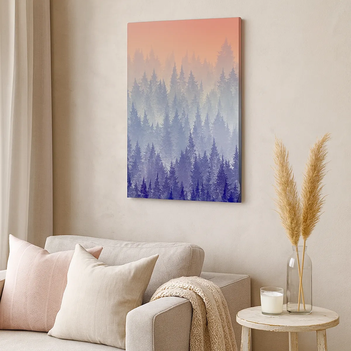 Impression sur toile - Image sur toile - Une forêt brumeuse aux tons violets et orange - 50x70cm - Haut, plus haut, vers le ciel - Décoration murale moderne pour le salon et la chambre ARTTOR