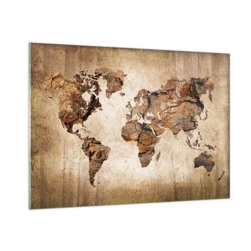 Impression sur verre - Image sur verre - Une carte du monde aux tons bruns imitant le bois - 100x70cm - Découverte du monde - Décoration murale moderne pour le salon et la chambre ARTTOR