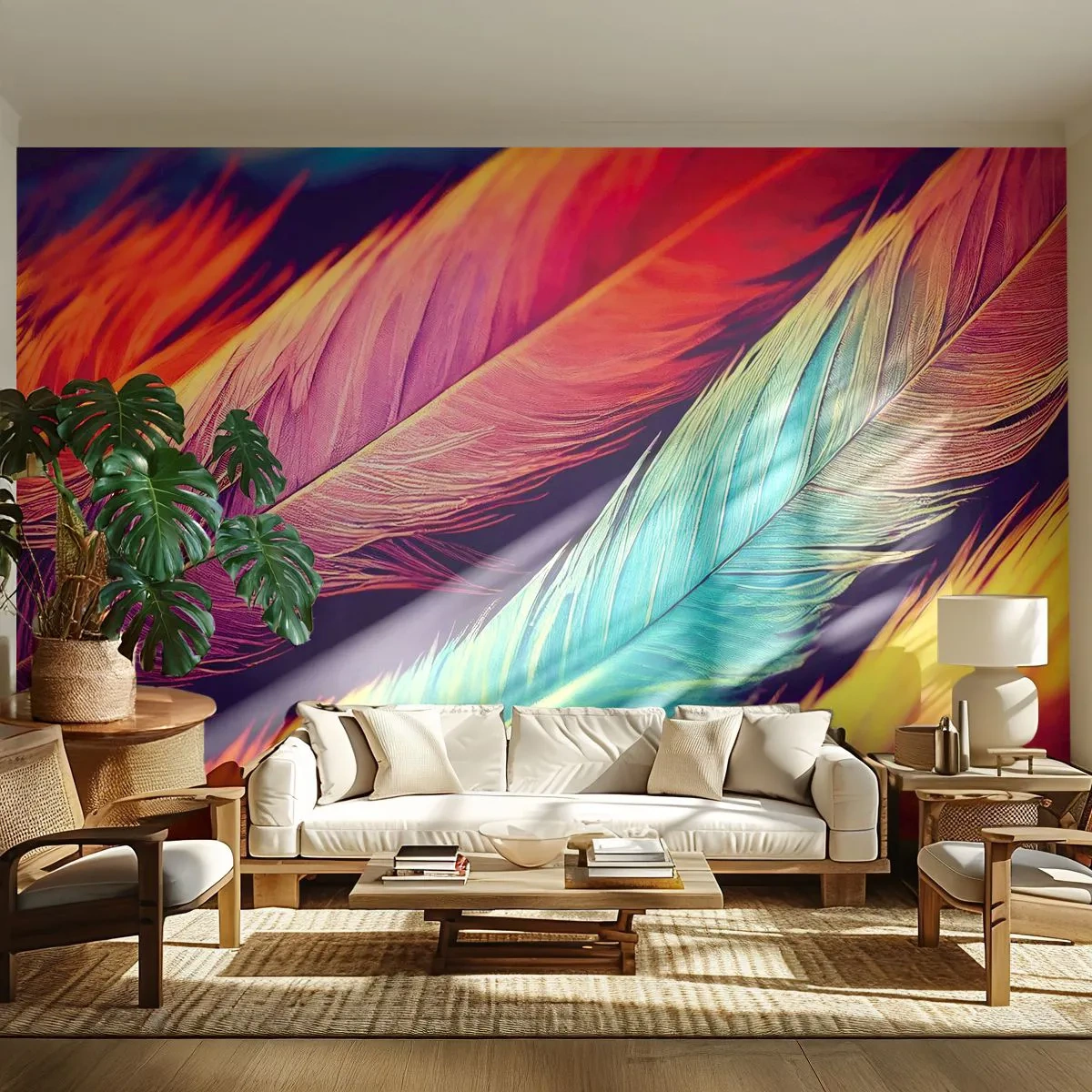 Papier Peint Photo Standard Eco - Arc-en-ciel de plumes - Plumes, Lumière, Coloré - 300x210 cm