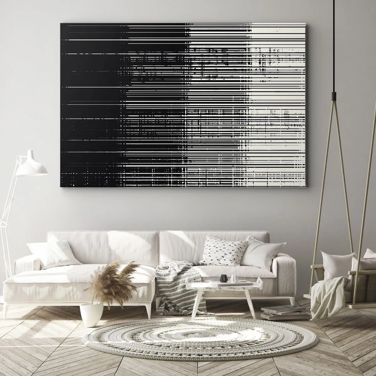 Impression sur toile - Image sur toile - Composition abstraite de lignes en noir et blanc contrastés - 100x70cm - Ondes et vibrations - Décoration murale moderne pour le salon et la chambre ARTTOR